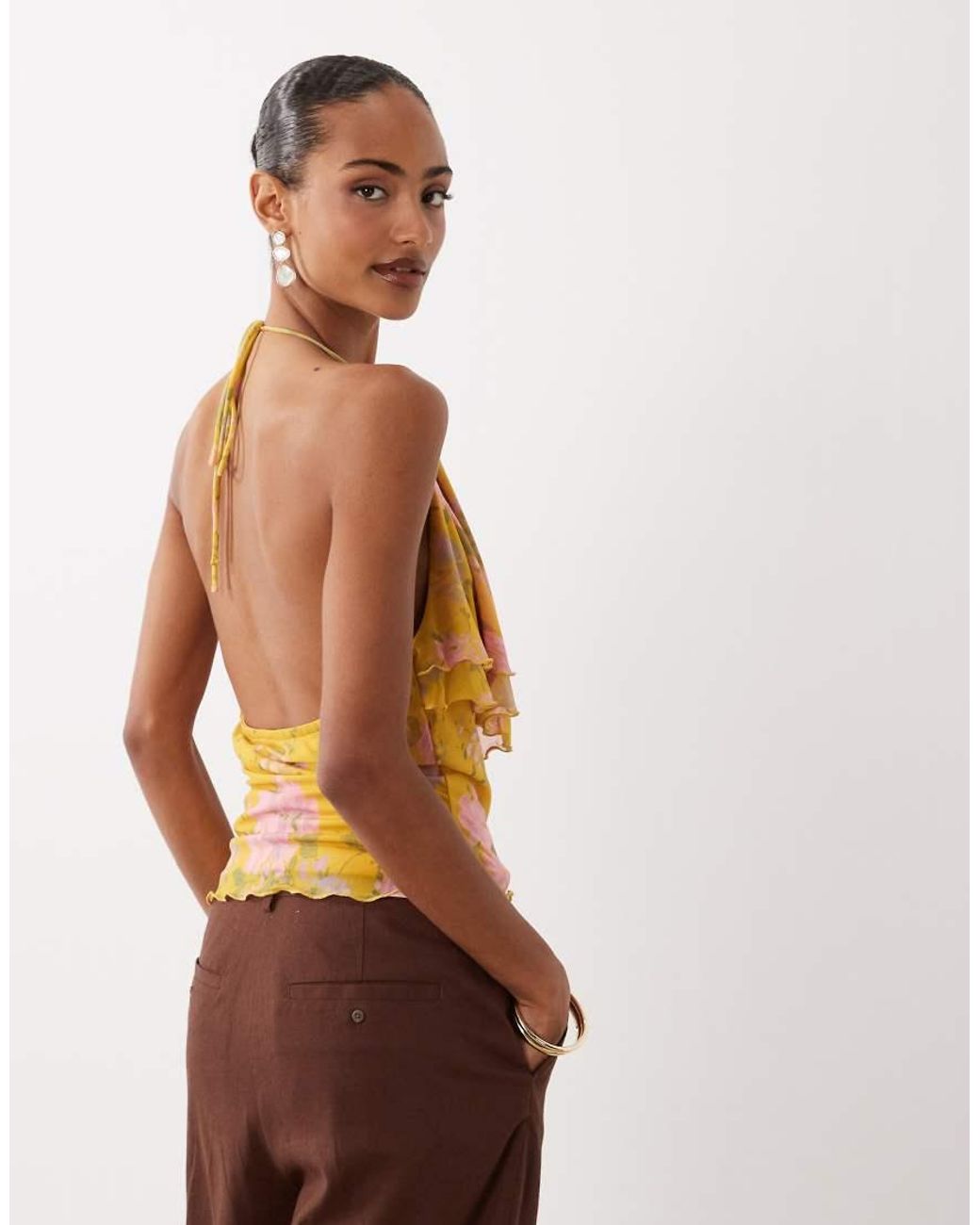 ASOS Brown Printed Mesh Ruffled Halter Neck Cami Top