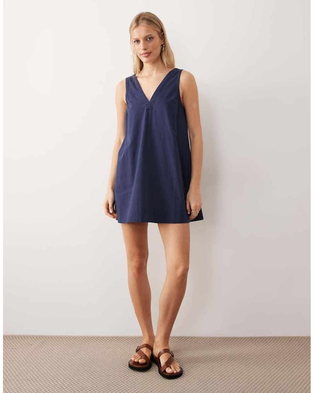 ASOS Blue Cotton Linen V Neck Smock Mini Dress