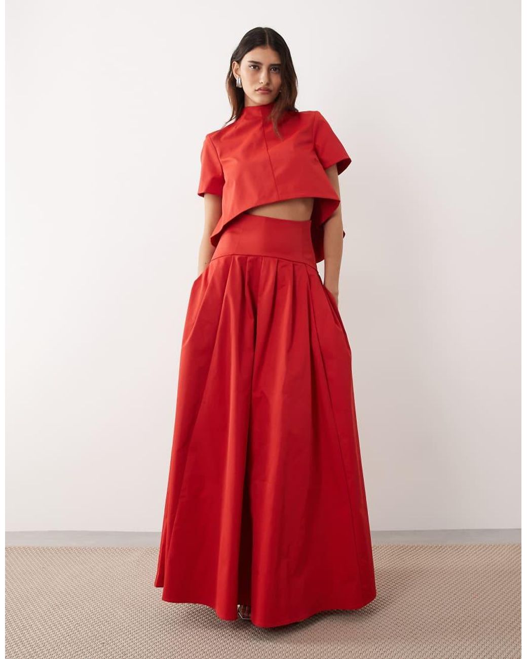 ARRANGE Red High Neck Top Co-ord With Drop Hem