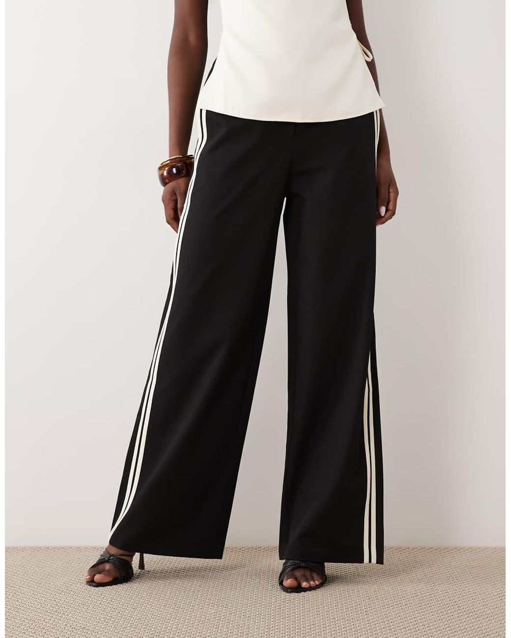 Mango White Tie Waist Straight Trouser With Side Stripe