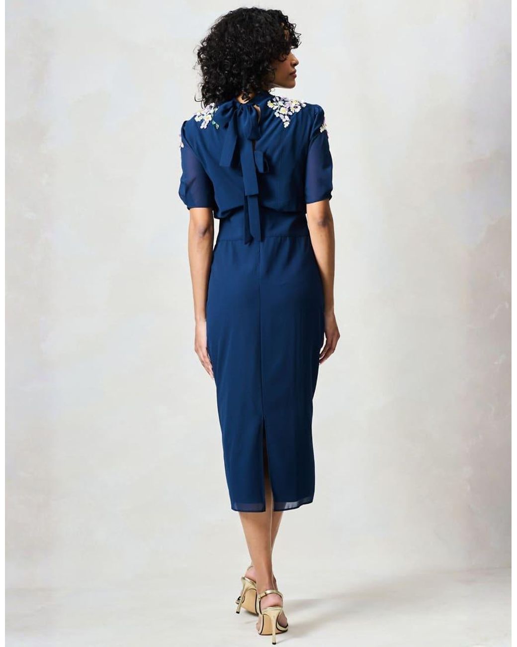 Hope & Ivy Blue The Aria Embellished Midi Pencil Dress With Bow Detail
