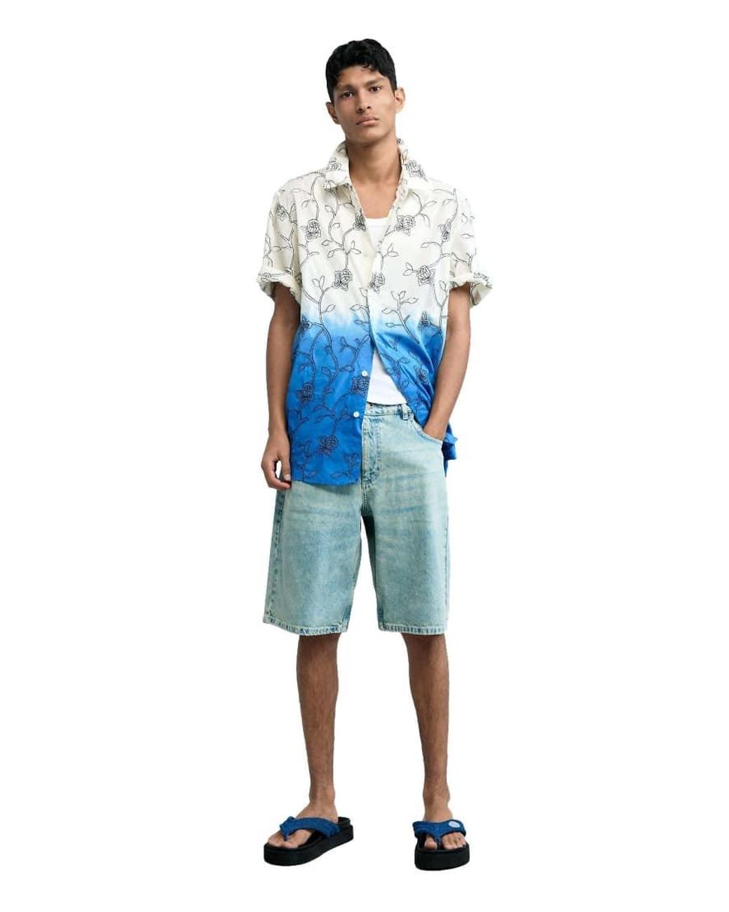 Desigual Blue Embroidered Ombré Shirt for men