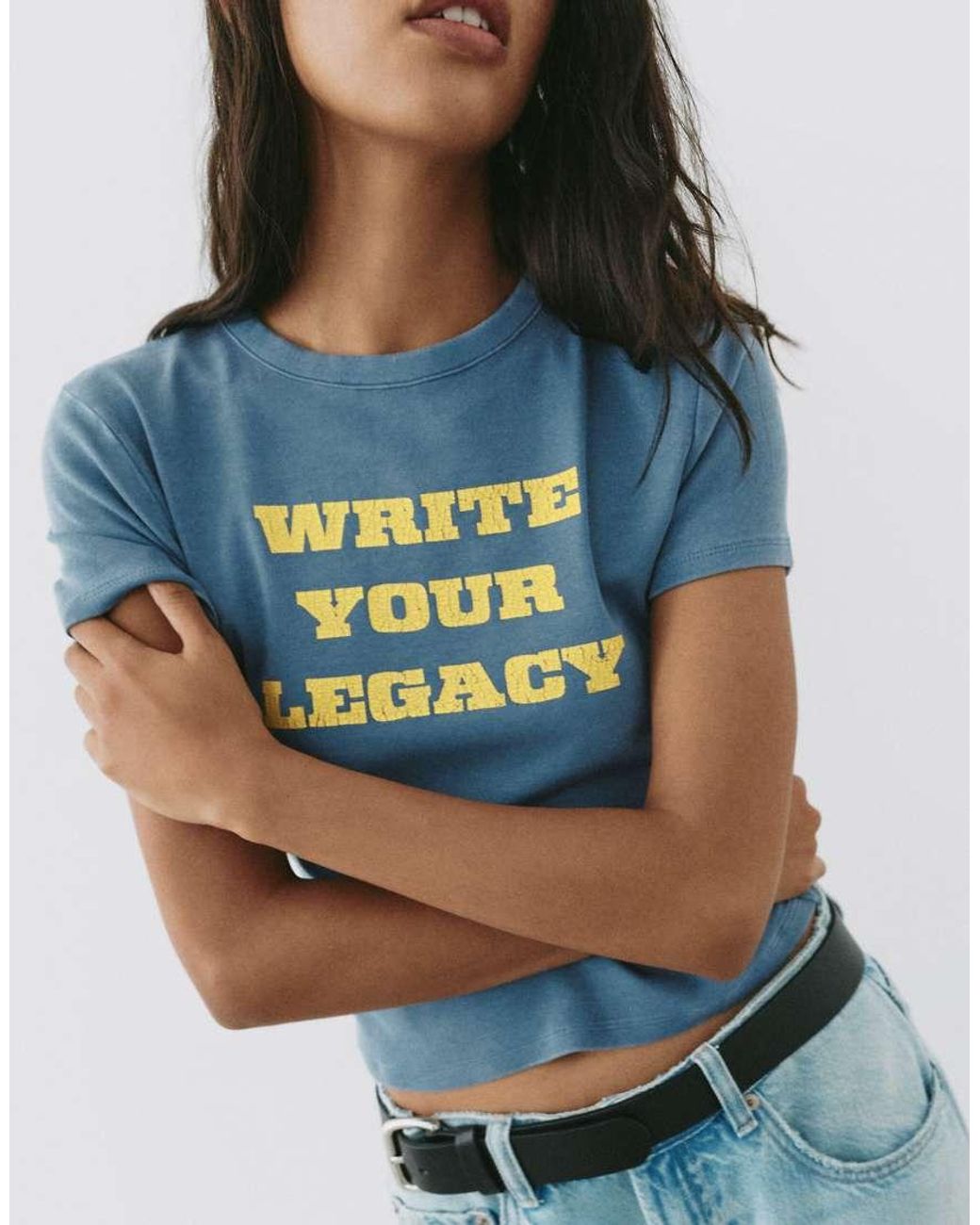 Pull&Bear Blue Regular Fit Crackled Graphic T-Shirt