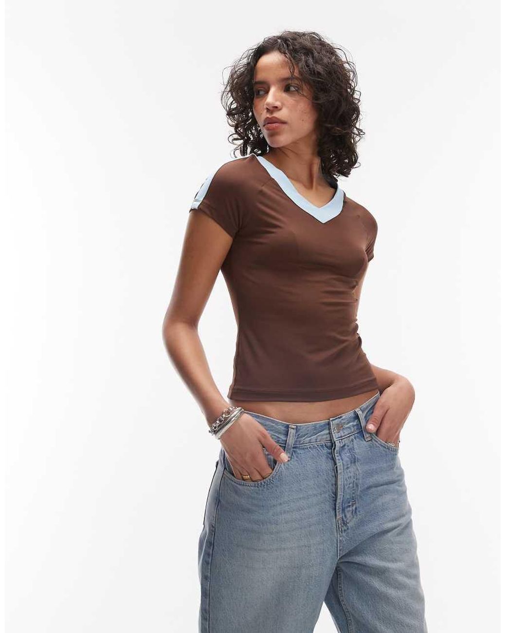 ASOS Top Van Polyamide Met Korte Mouwen, V-Hals En Contrast in het White