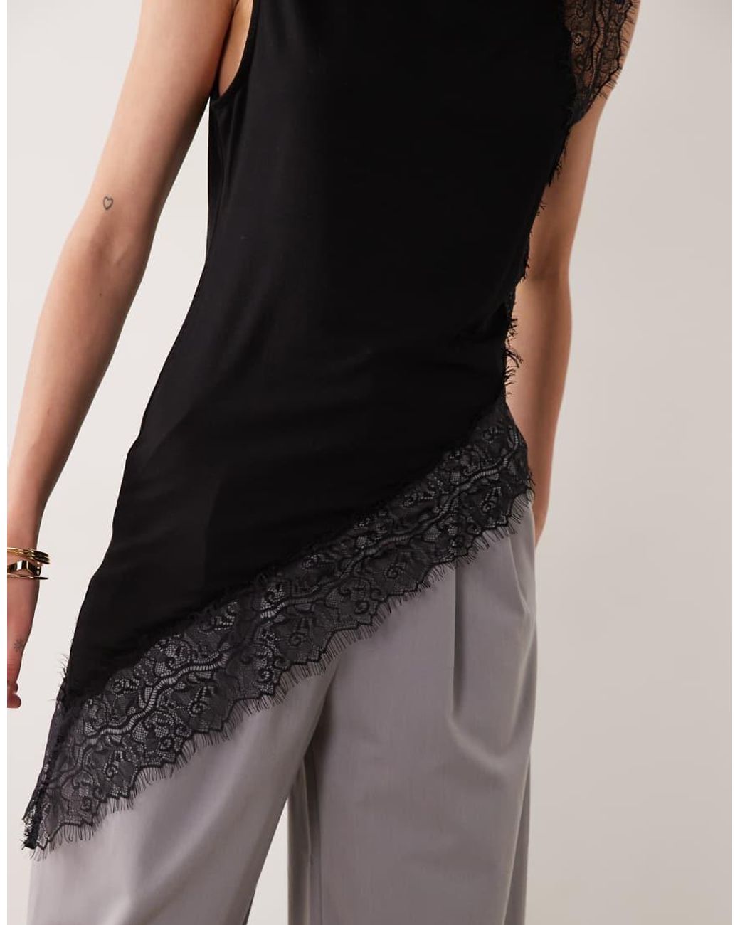 ASOS Black Slinky Asymmetric Lace Trim Top