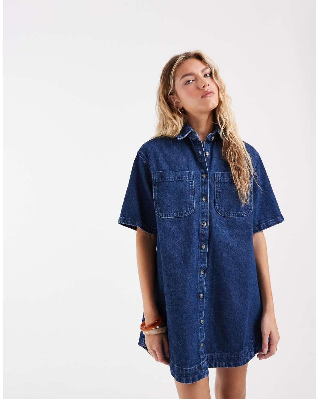 ASOS Blue Denim Boxy Shirt Dress With Pocket Detail