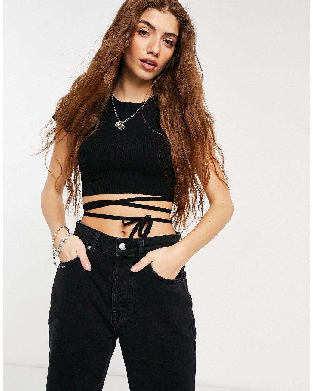 Bershka Wrap Around Knitted Crop Top in Black | Lyst