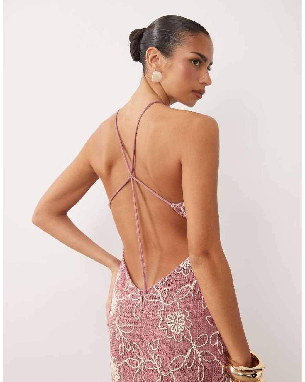 ASOS Pink Embroidered Crochet Maxi Dress With U Scoop