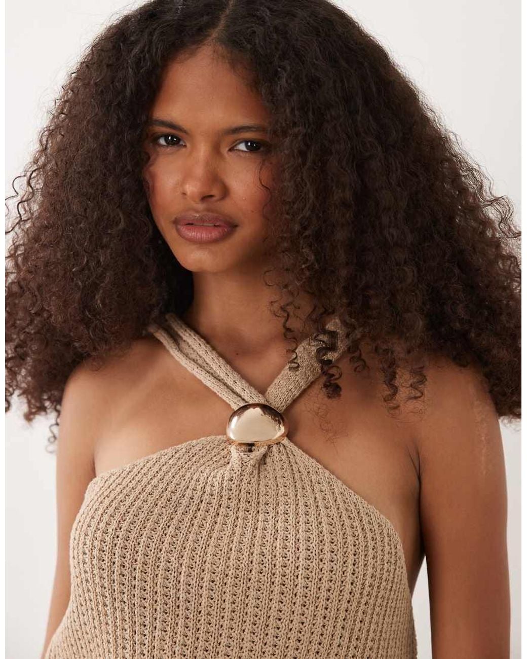 ASOS Brown Crochet Knit Halter Top With Hardware Trim