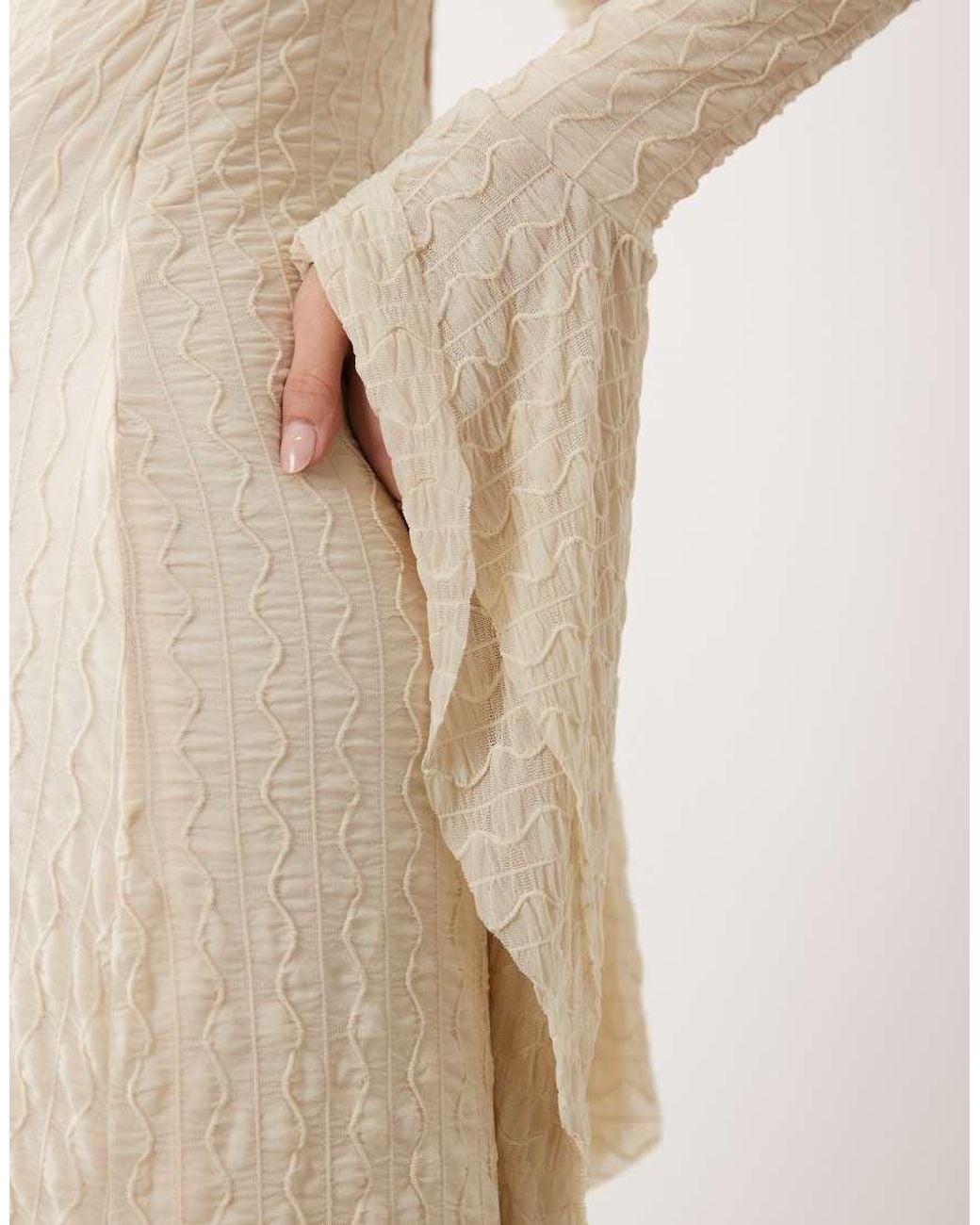 ASOS Natural Textured Mesh Slash Neck Maxi Dress With Extreme Ruffle Sleeve