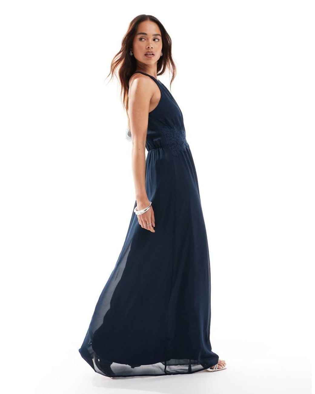 Vestido De Dama De Honor Largo Con Cuello Halter De Vila de color Blue