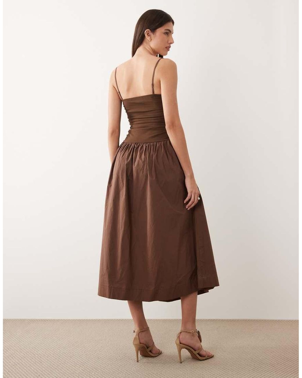 Never Fully Dressed Natural Lola Cami Ruched Bodice Drop Waist Midi Dress