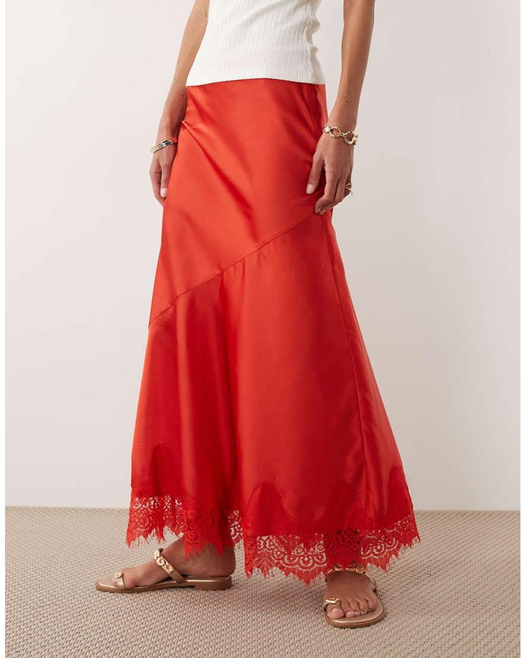 ASOS Red Lace Hem Fishtail Maxi Skirt