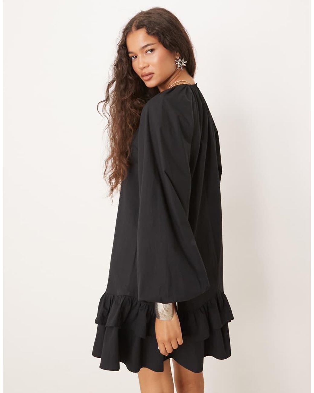 ASOS Black Drop Waist Frill Detail With Lace Trim Mini Dress