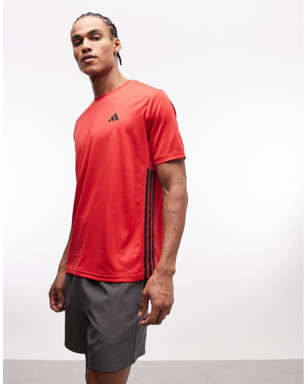 Adidas Originals Red Adidas Training Essentials 3 Stripe T-Shirt for men
