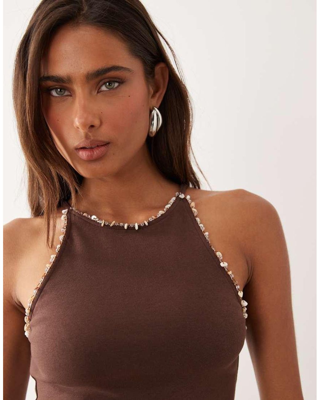 ASOS Brown Compact Cotton Racer Top With Bead Detail