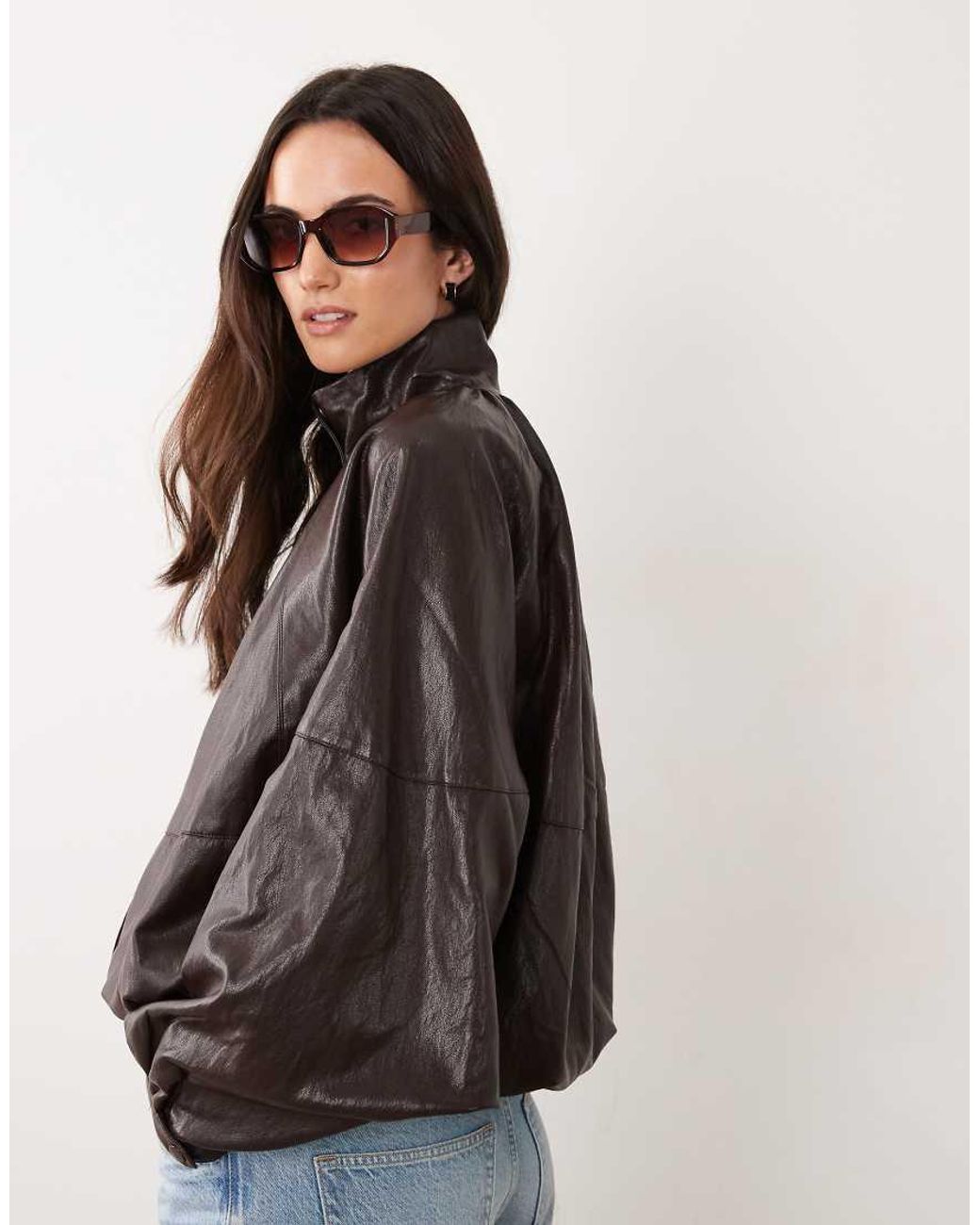 Jdy Brown Funnel Neck Faux Leather Bomber Jacket With Wide Sleeves