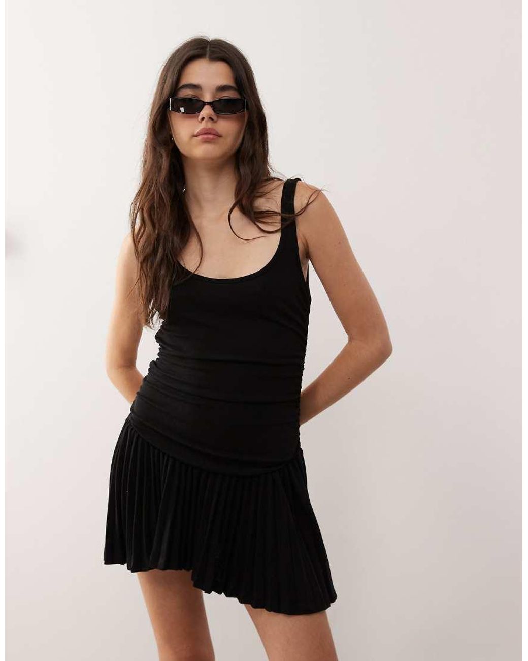 Lioness Natural Field Of Dreams Scoop Neck Ruched Bodice Pleated Hem Mini Dress