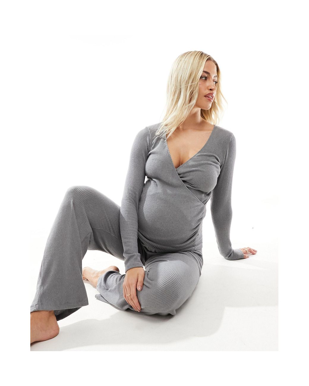 Hunkemöller Maternity Brushed Rib Wrap Front Top And Wide Leg Pants Pyjama  Set in Natural