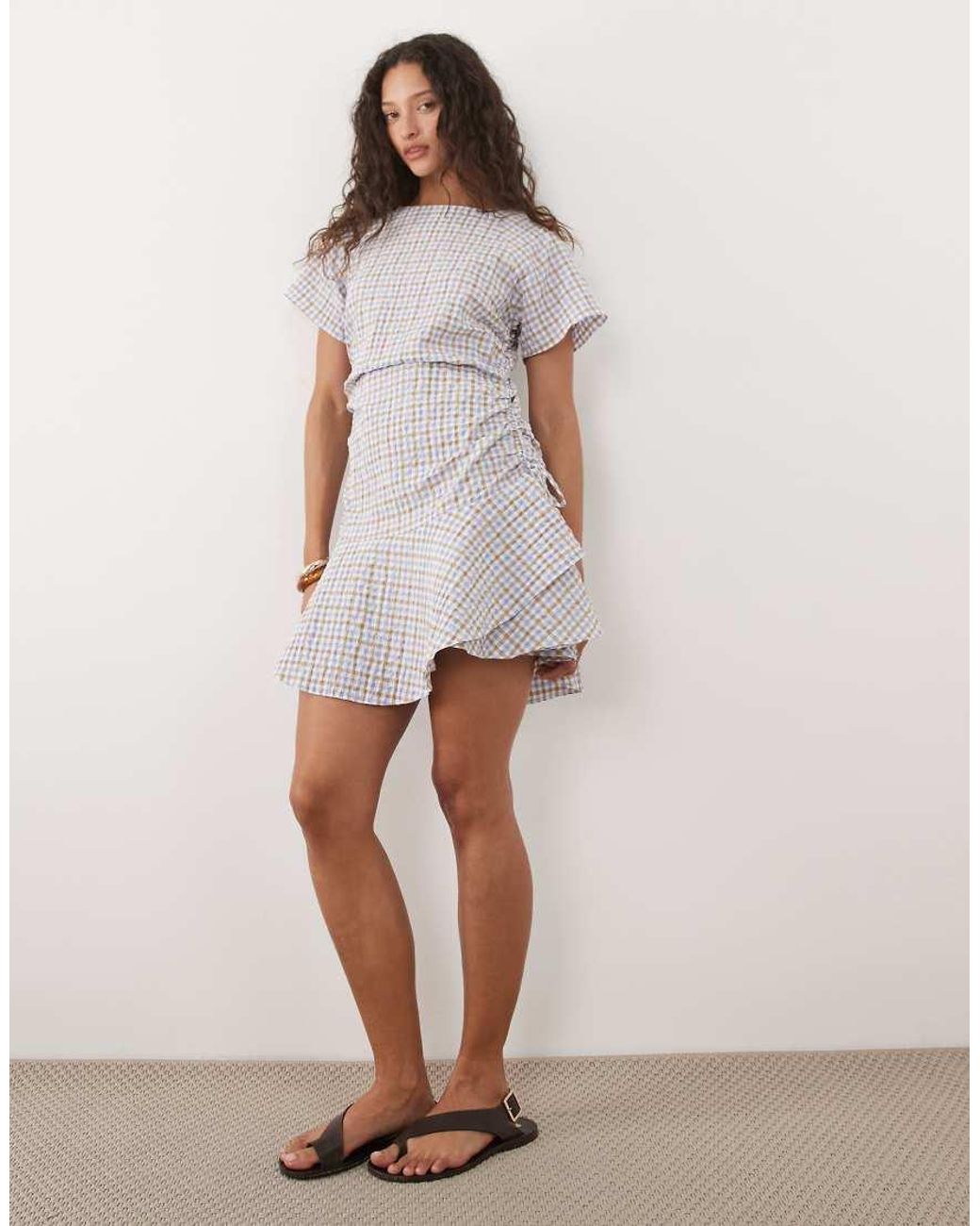 ASOS Multicolor Short Sleeve Mini Dress With Ruching Tie Waist Detail