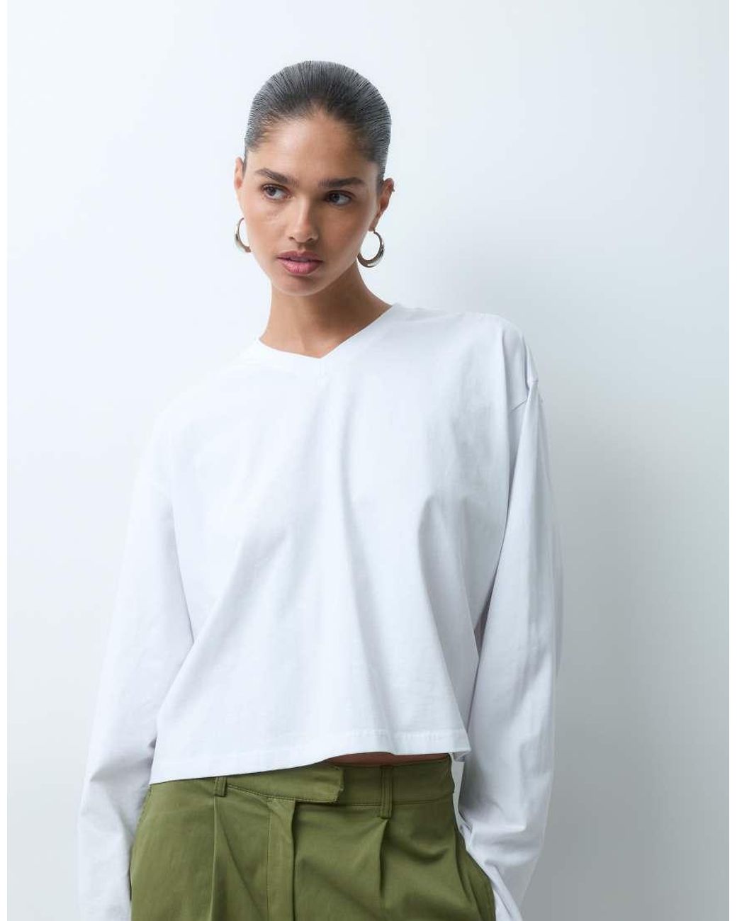 ASOS White V Neck Boxy Crop Long Sleeve