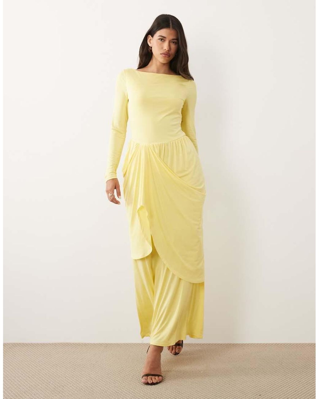 DASKA Yellow Boat Neck Long Sleeve Draped Skirt Maxi Dress