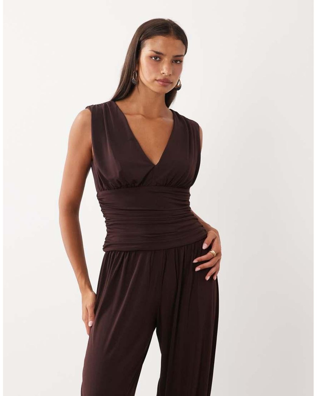 TFNC London Natural Slinky Plunge Neck Sleeveless Balloon Leg Jumpsuit