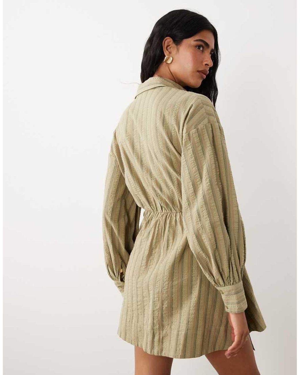 ASOS Green Long Sleeve Blouson Tie Waist Mini Shirt Dress