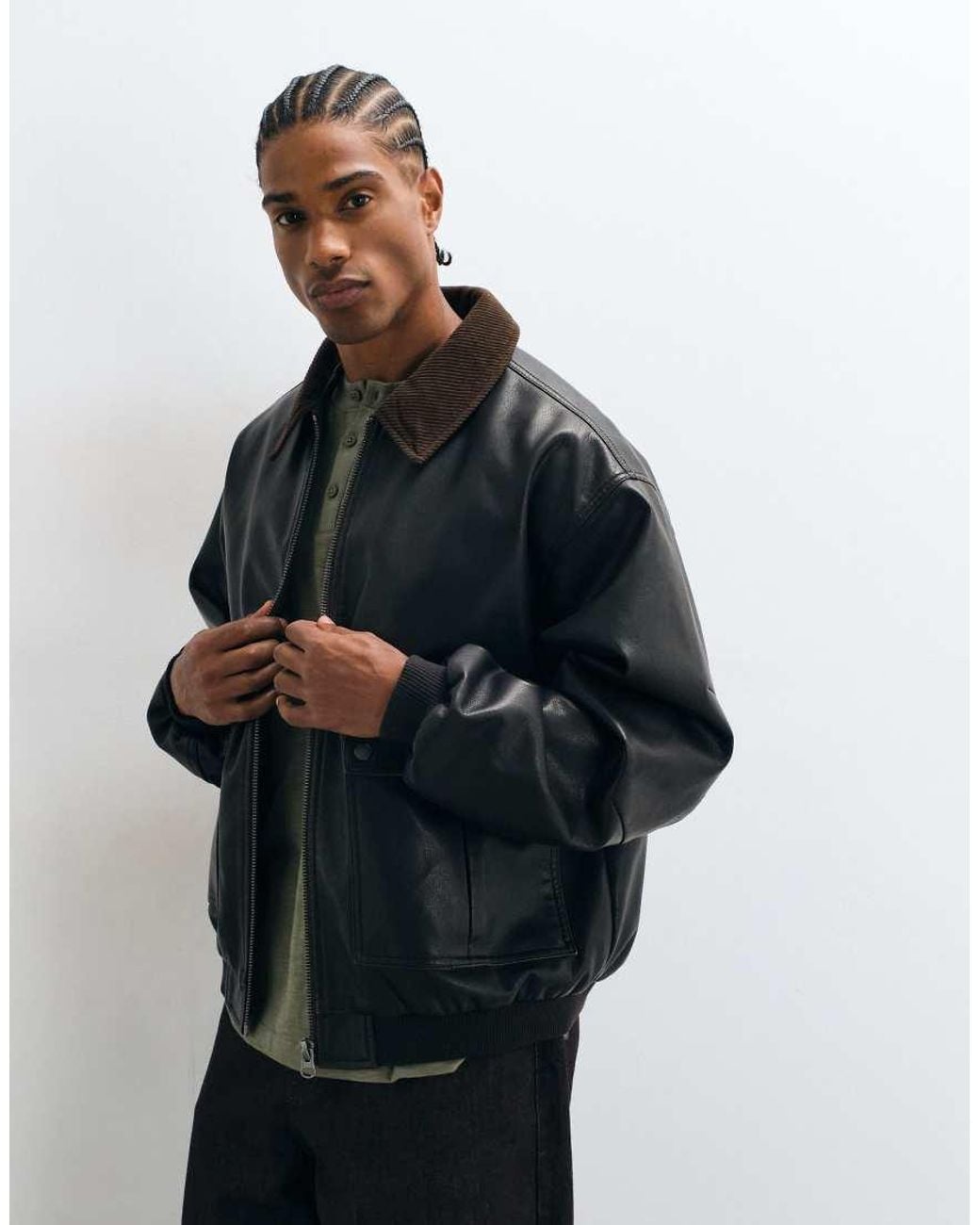 ASOS Blue Leather Look Bomber Jacket With Contrast Collar for men