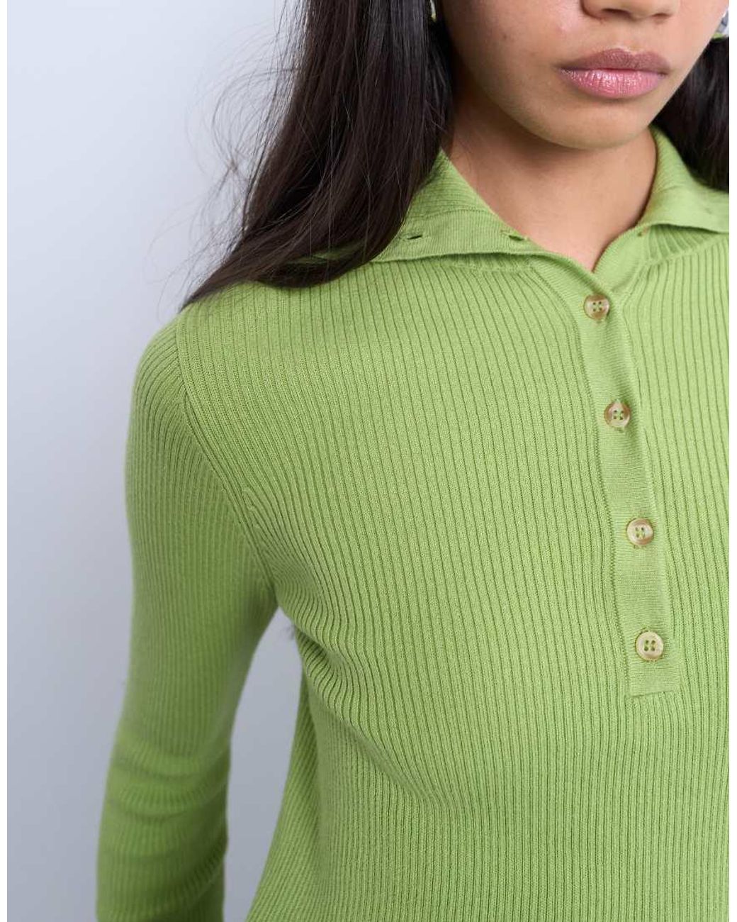 TOPSHOP Green Knitted Rib Collar Polo