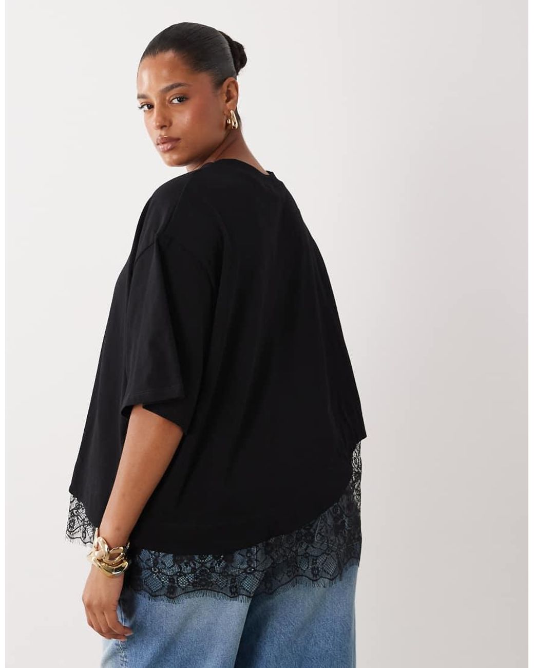 ASOS Black Asos Design Curve Short Sleeve T-shirt With Lace Hem