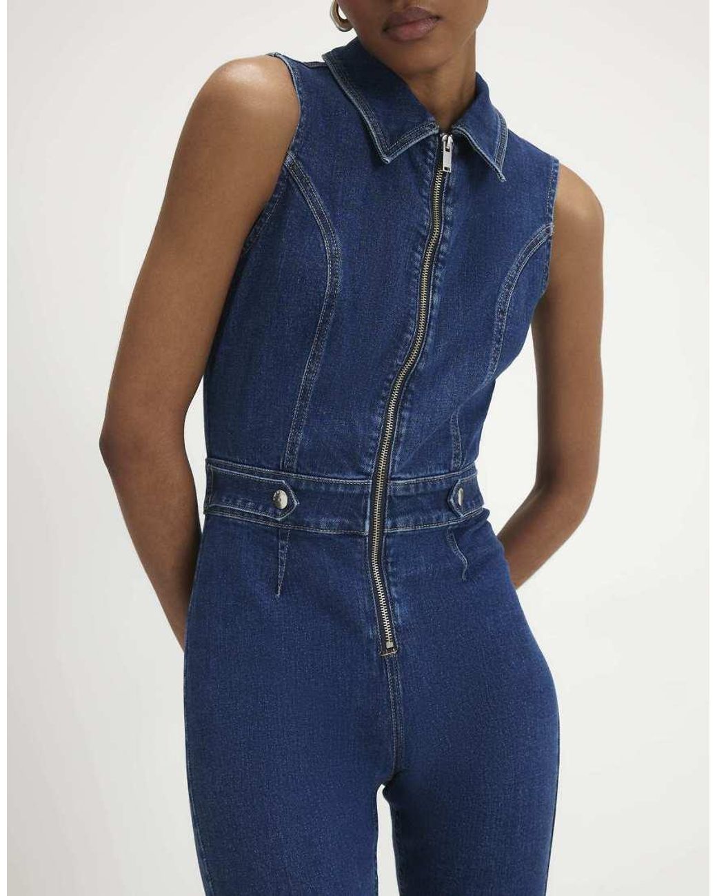 River Island Blue Stretch Flared Denim Jumpsuit