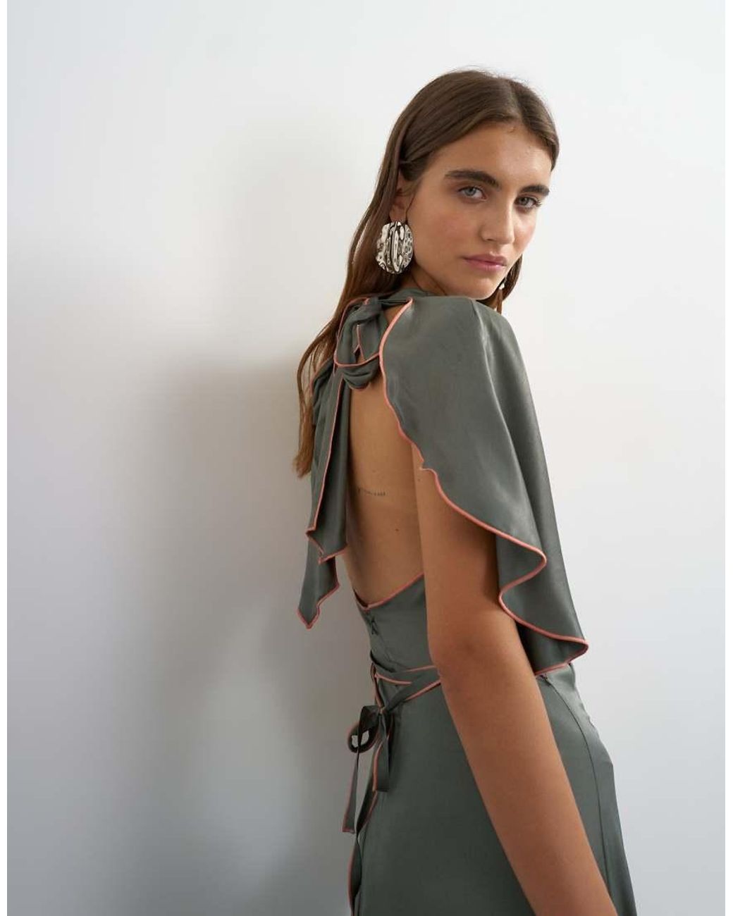 TOPSHOP Gray Satin High Cowl Neck Asymmetric Maxi Dress With Peach Contrast Trim