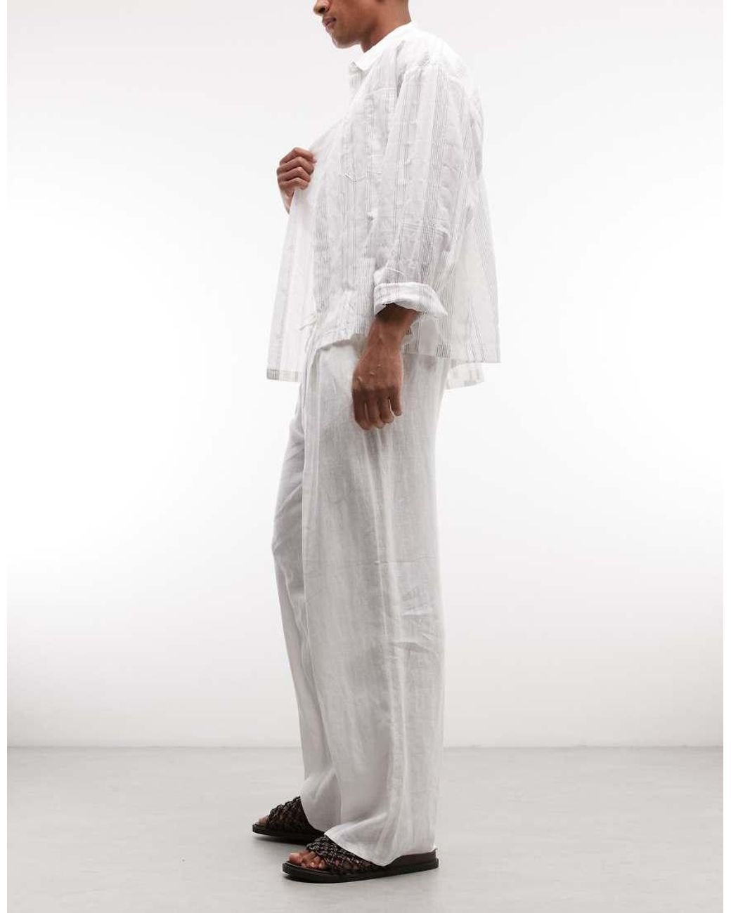 Weekday White Loose Fit Linen Trousers for men