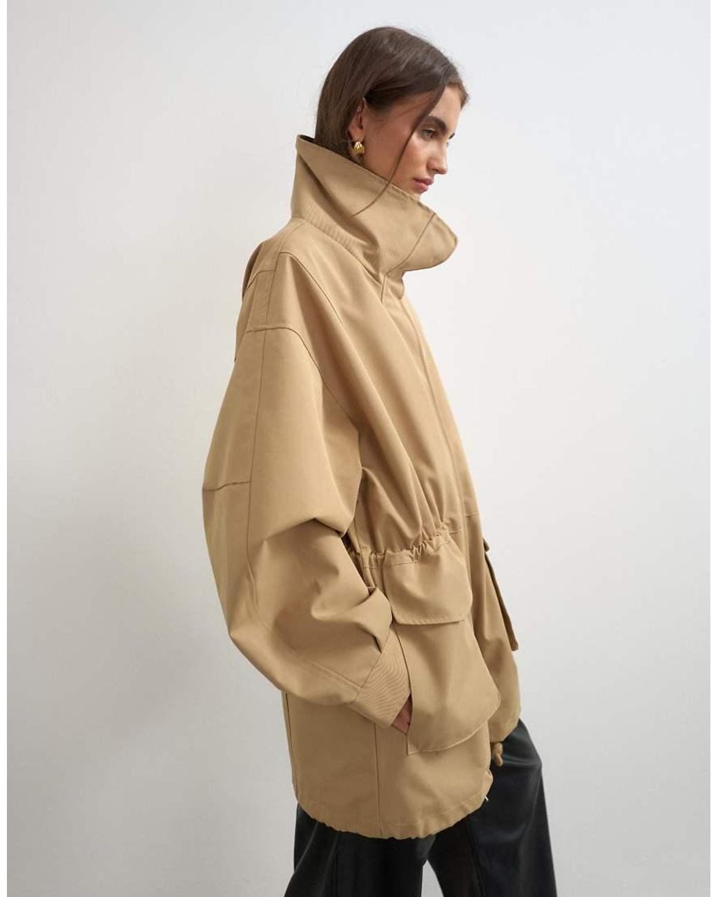 TOPSHOP Natural Twill Cinch Waist Funnel Neck Jacket