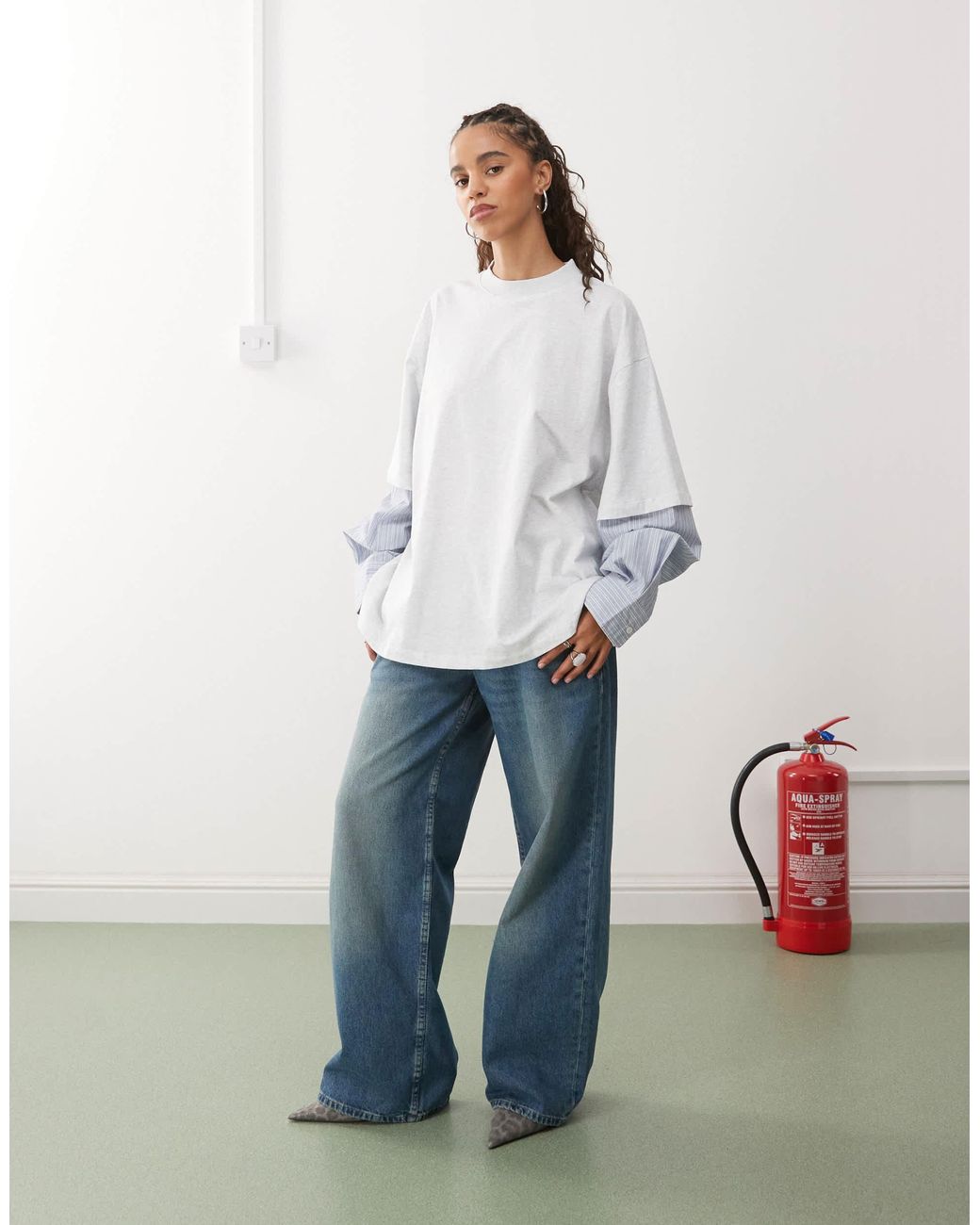 Lioness White 2-in-1 Oversized T-shirt Overlay And Striped Long Sleeve Shirt