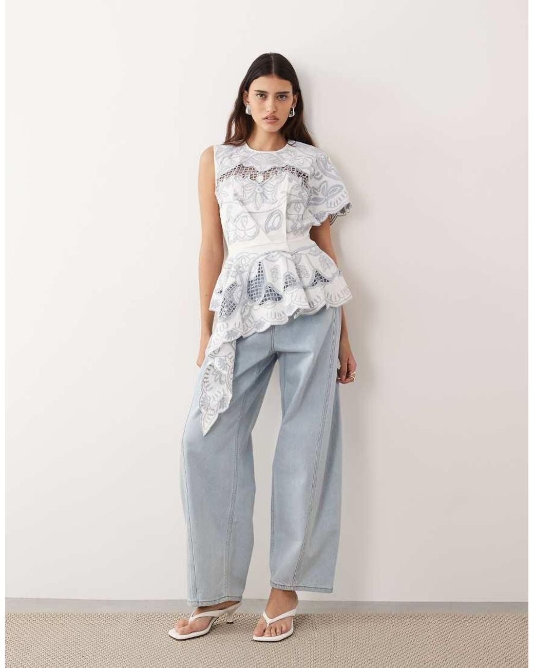 ARRANGE White Cut Work Floral One Shoulder Top
