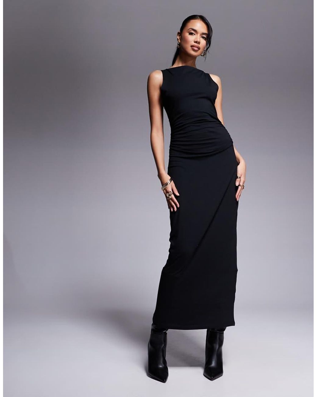ASOS Black Boat Neck Maxi Dress With Ruched Sides