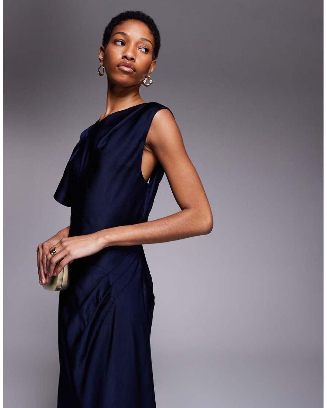 ASOS Blue Asos Design Tall Satin Asymmetric Neckline Maxi Dress With Pleat Shoulder And Skirt Detail