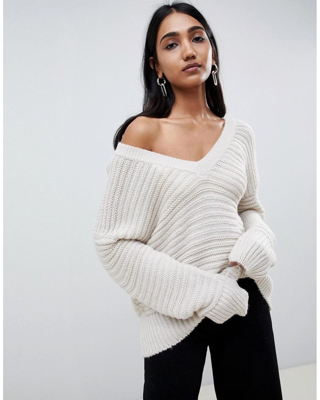 ASOS Sweater In Off Shoulder V neck With Stitch Detail in Gray Lyst