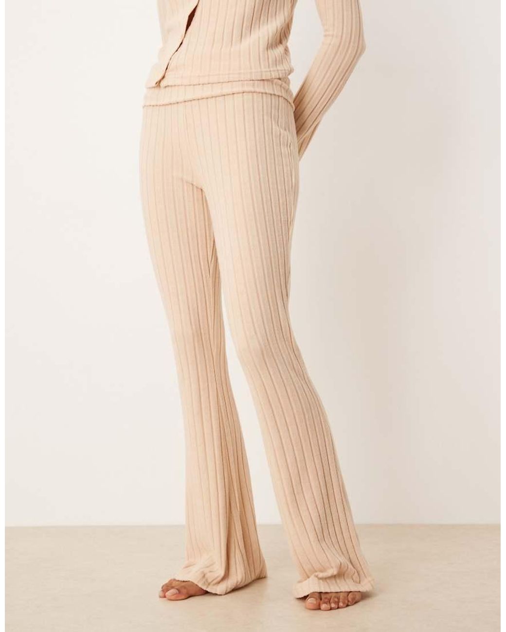 ASOS Natural Lounge Wide Rib Knit Fold Over Wide Leg Pants