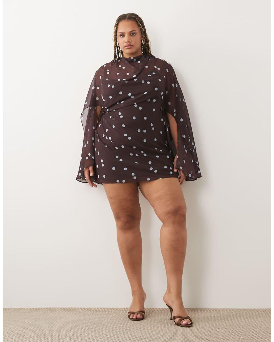 ASOS Brown Asos Design Curve High Neck Drape Front Extreme Cape Sleeve Mini Dress