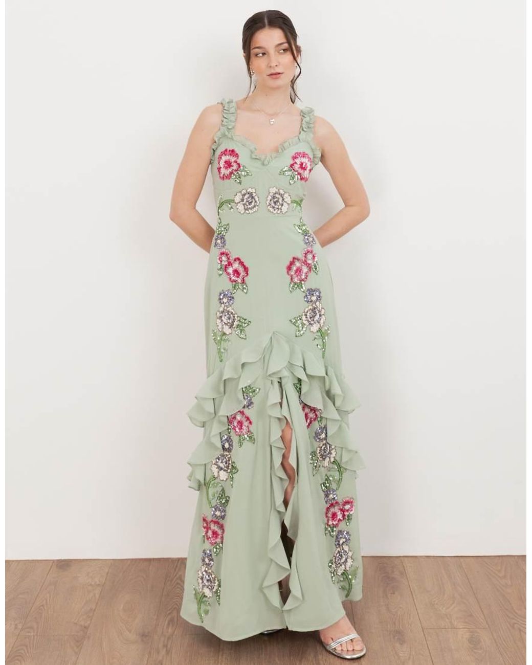 Maya Green Floral Embellished Ruffle Cami Maxi Dress