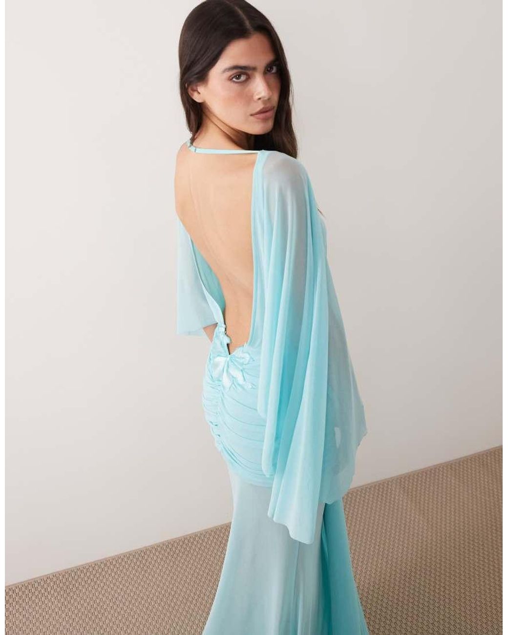 I.AM.GIA Blue Elaria Extreme Cape Sleeve Low Back Drape Detail Maxi Dress