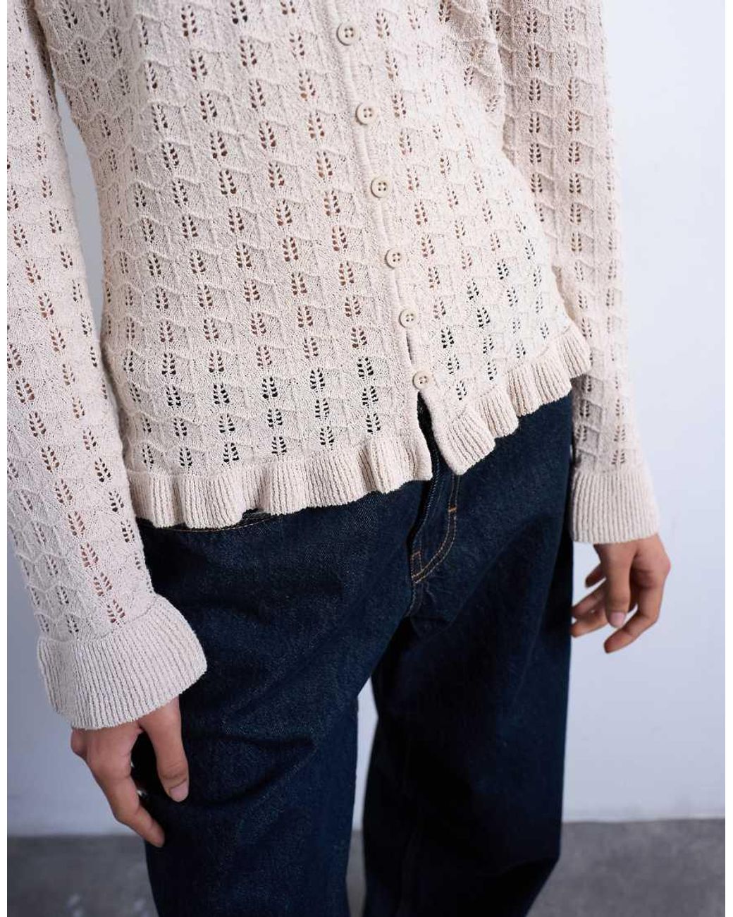 TOPSHOP Blue Knitted Button Through Frill Top