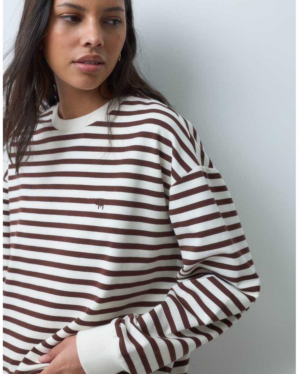 4th & Reckless Gray Cotton Rich Embroidered Logo Crew Neck Oversized Long Sleeve Oversized T-shirt
