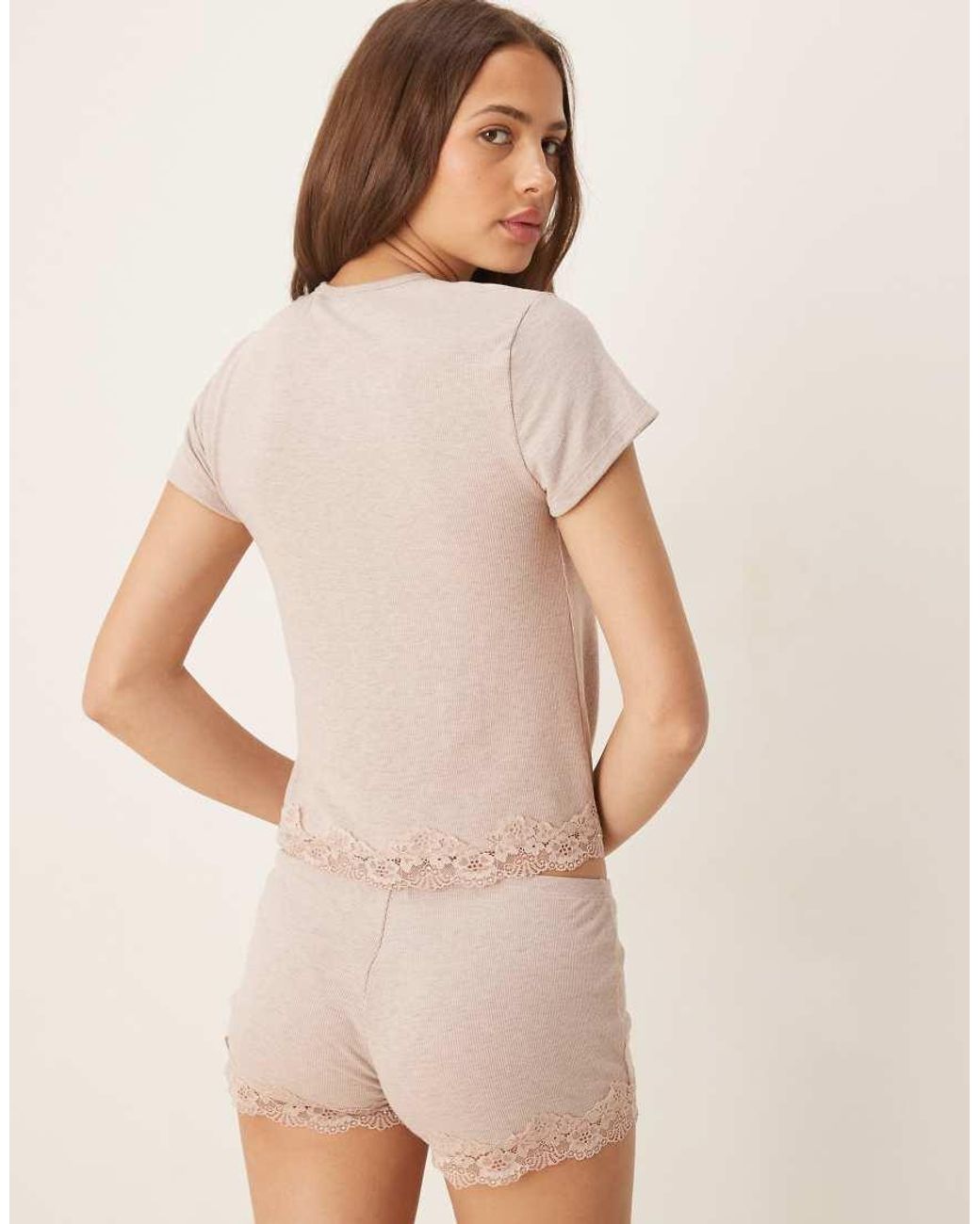 ASOS Natural Mix & Match Rib Knit And Lace Pajama Tee