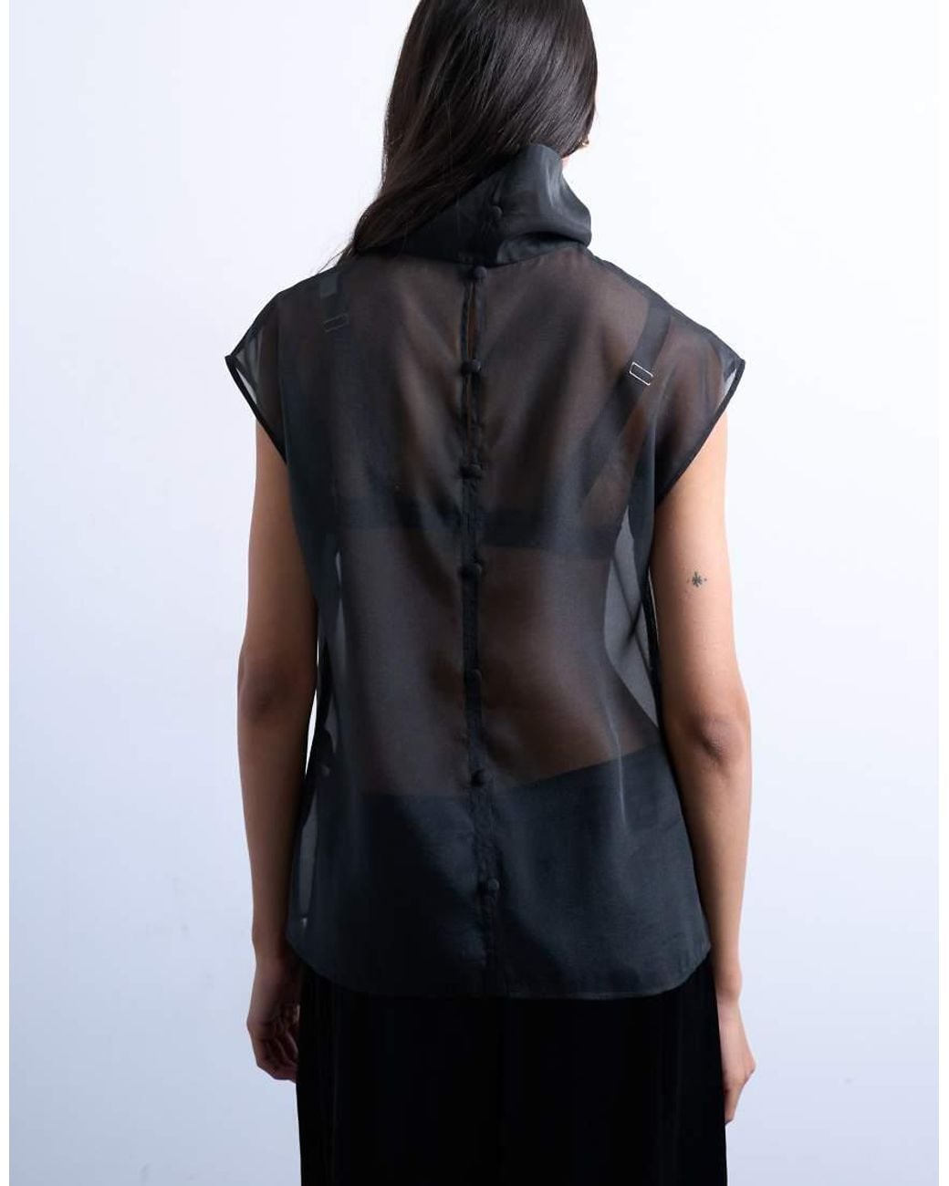 TOPSHOP Black Funnel Neck Sheer Organza Top