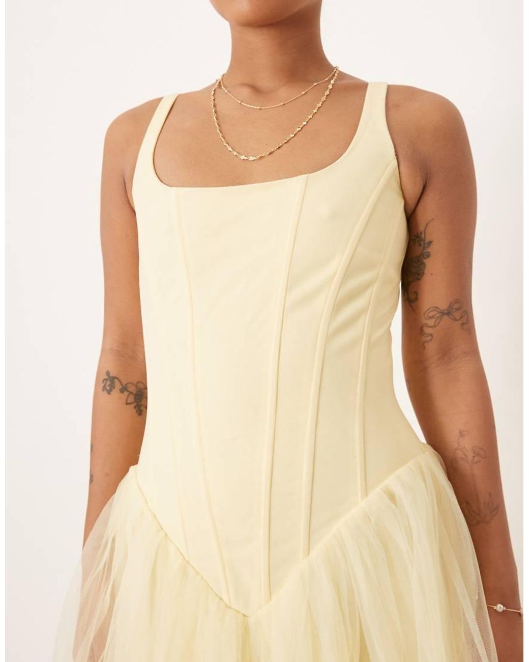 LACE & BEADS Drop Waist Corset Maxi Dress in Natural | Lyst UK