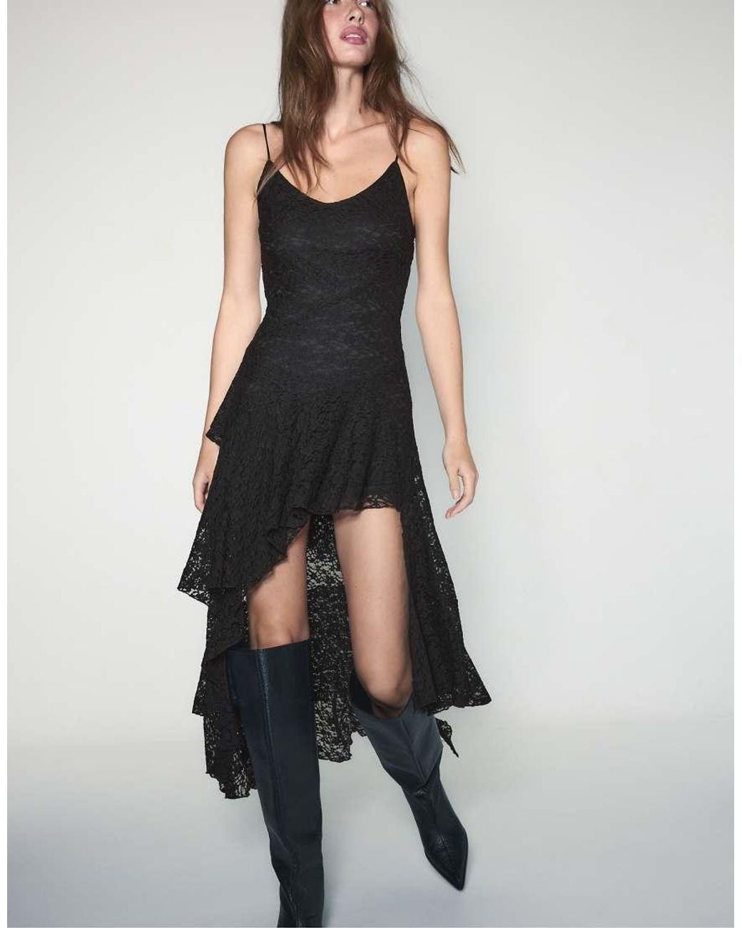 Stradivarius Black Asymmetric Lace Midi Dress